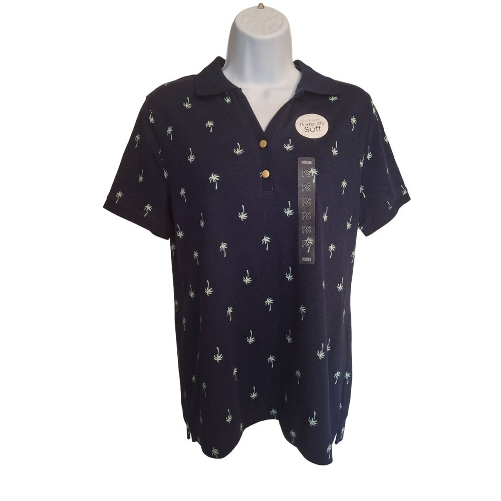 Kim Rogers Womens Polo Shirt Navy PS Palm Tree Soft Cotton Beach Coconut Girl